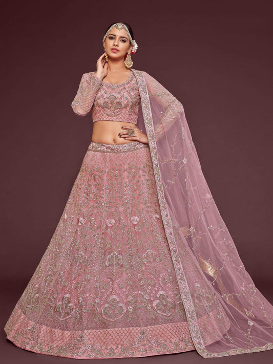 Appealing Pearl Pink Embroidered Soft Net Wedding Wear Lehenga Choli - Zeel Clothing