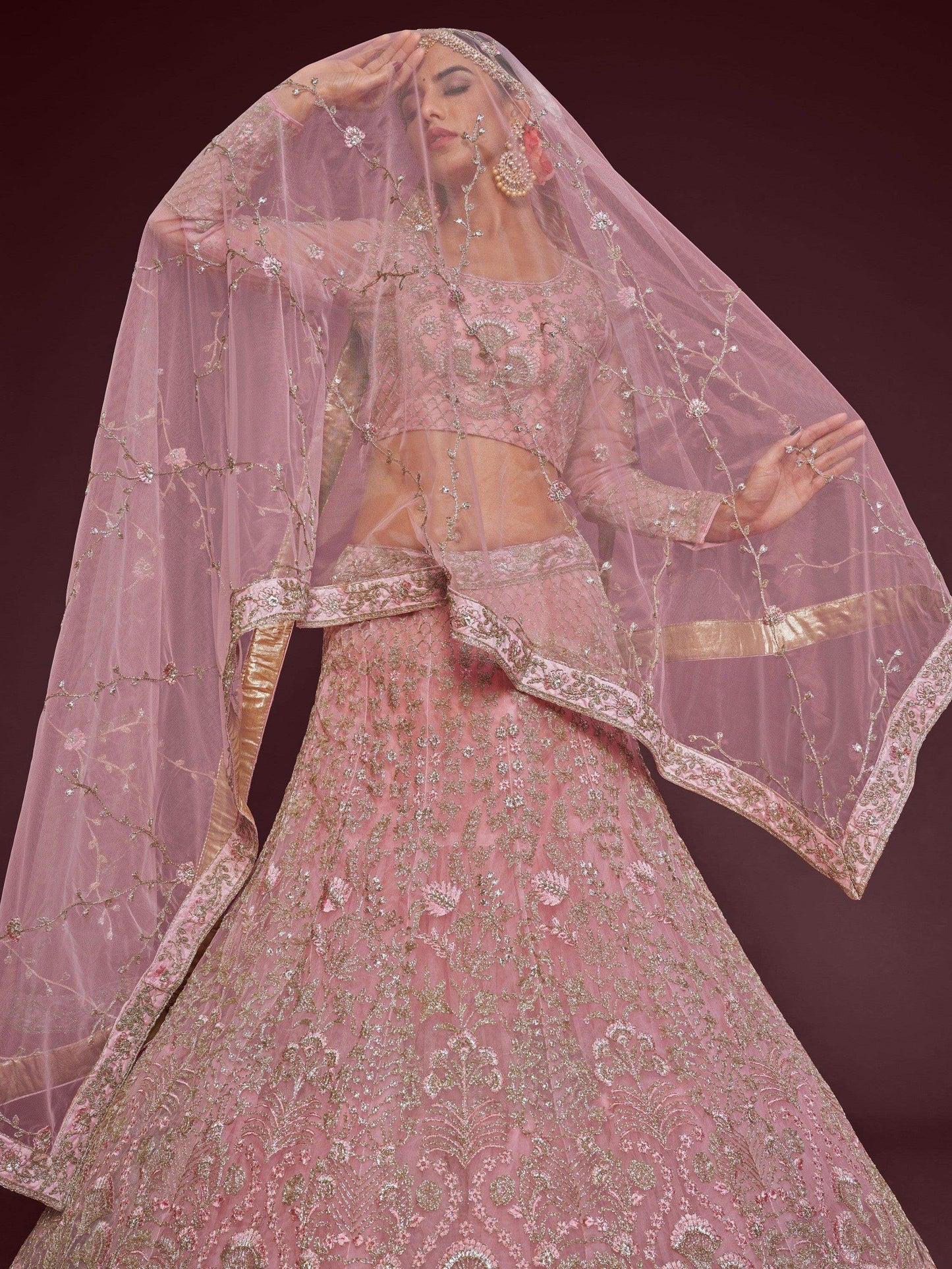 Appealing Pearl Pink Embroidered Soft Net Wedding Wear Lehenga Choli - Zeel Clothing