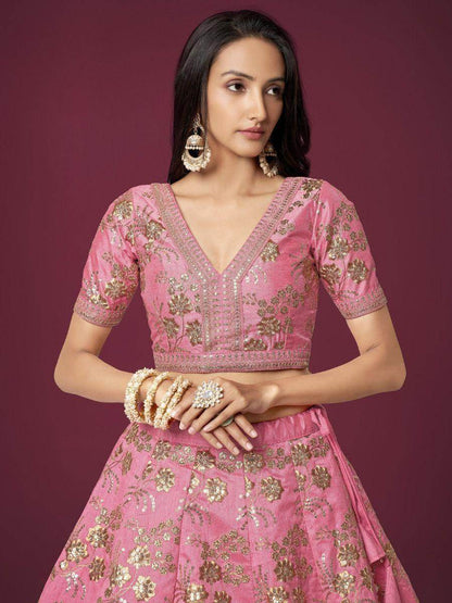 Appealing Pink Sequins Slub Silk Reception Wear Lehenga Choli - Zeel Clothing