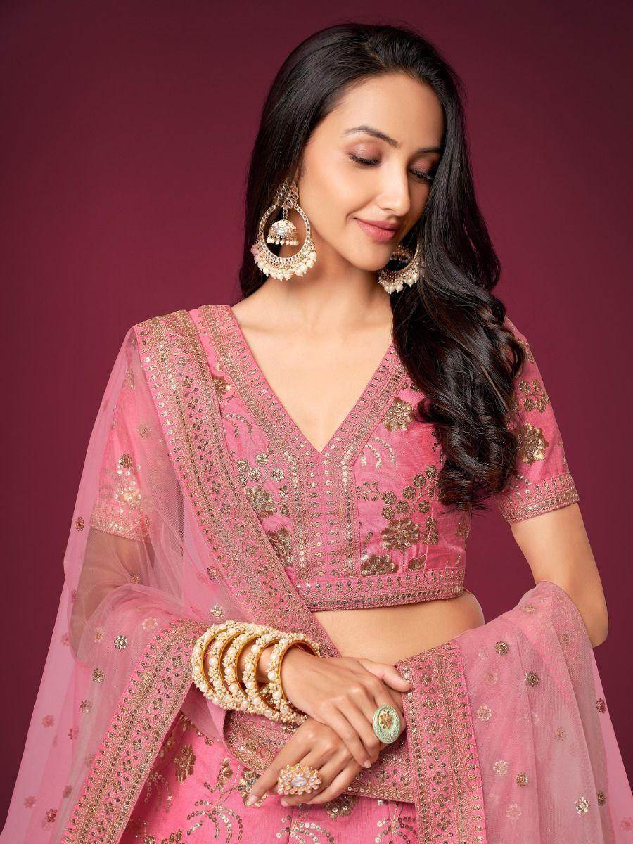 Appealing Pink Sequins Slub Silk Reception Wear Lehenga Choli - Zeel Clothing
