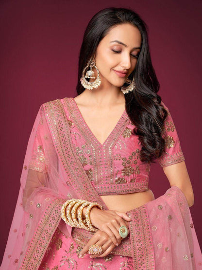Appealing Pink Sequins Slub Silk Reception Wear Lehenga Choli - Zeel Clothing
