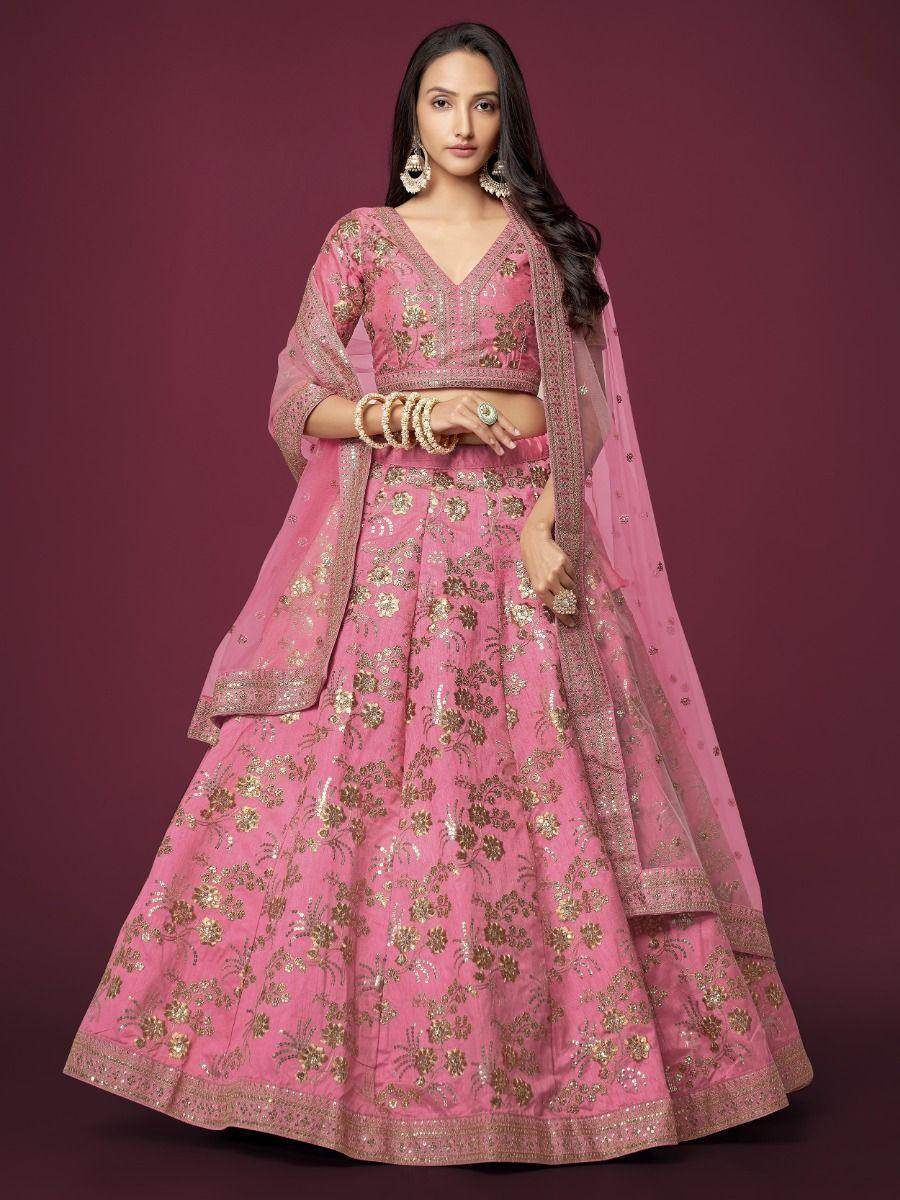 Appealing Pink Sequins Slub Silk Reception Wear Lehenga Choli - Zeel Clothing