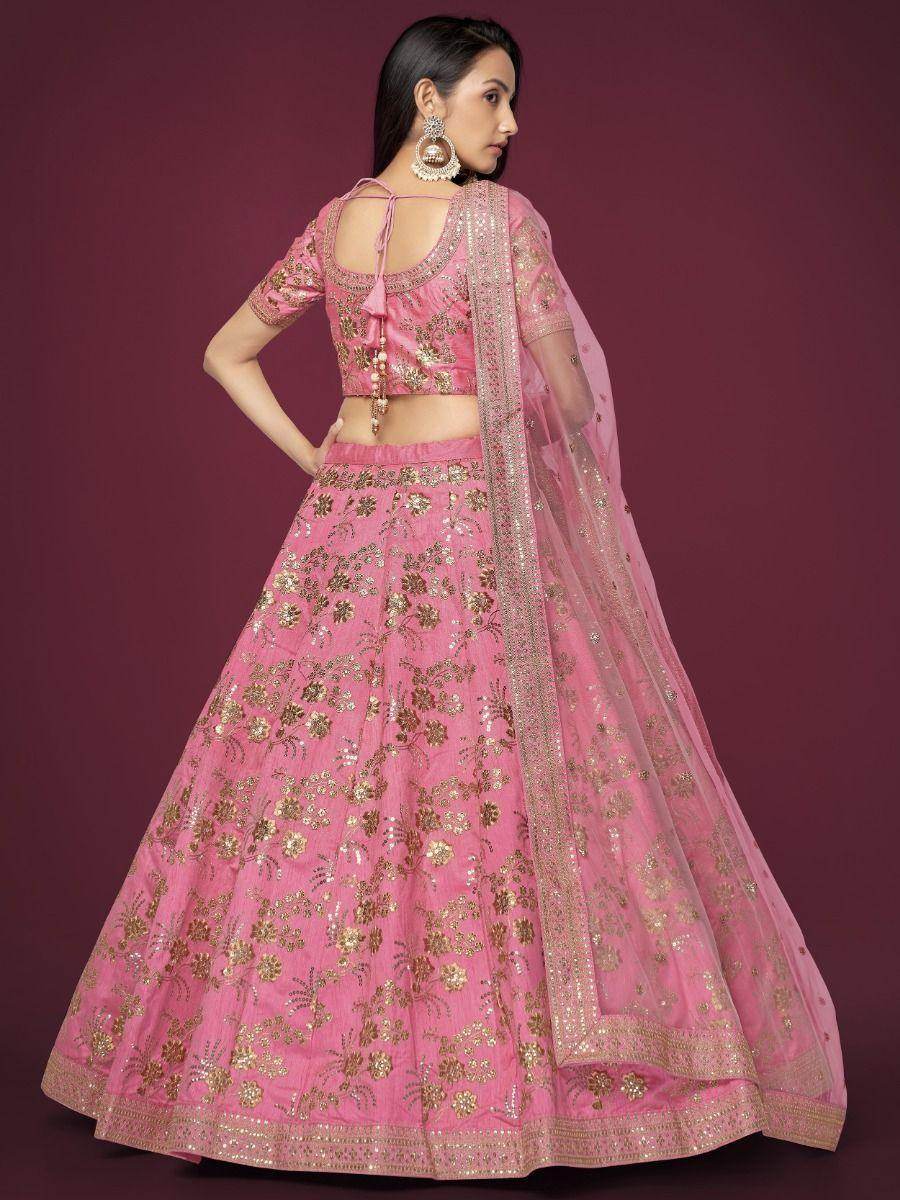 Appealing Pink Sequins Slub Silk Reception Wear Lehenga Choli - Zeel Clothing