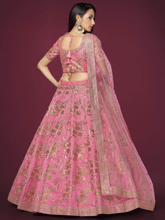 Appealing Pink Sequins Slub Silk Reception Wear Lehenga Choli - Zeel Clothing