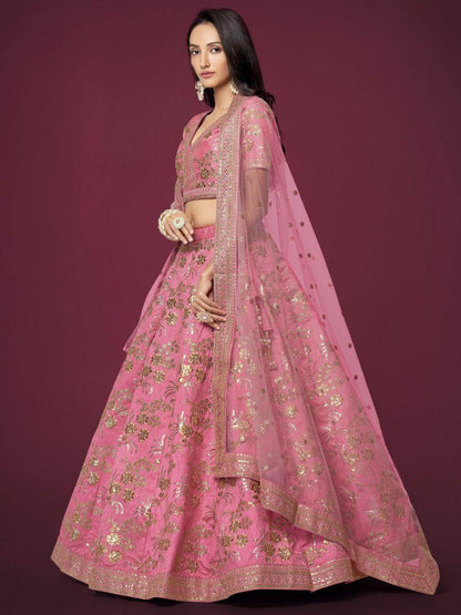 Appealing Pink Sequins Slub Silk Reception Wear Lehenga Choli - Zeel Clothing