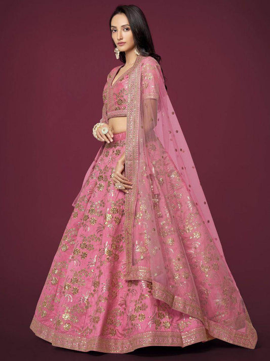Appealing Pink Sequins Slub Silk Reception Wear Lehenga Choli - Zeel Clothing
