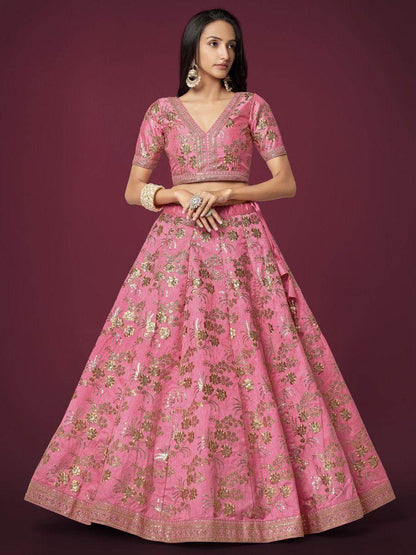 Appealing Pink Sequins Slub Silk Reception Wear Lehenga Choli - Zeel Clothing