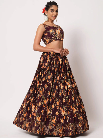 Appealing Purple Floral Printed Silk Reception Wear Lehenga Choli - Zeel Clothing