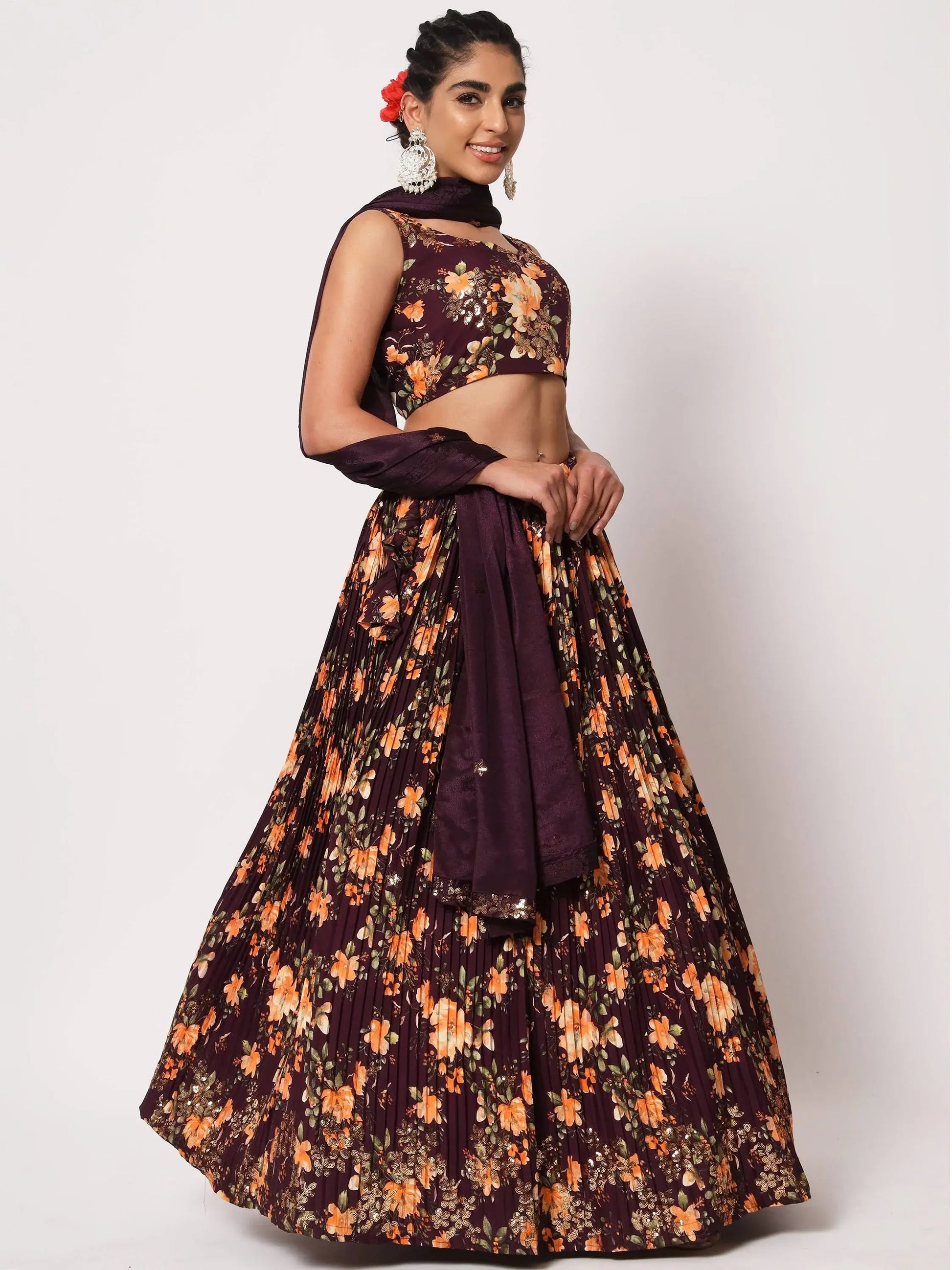 Appealing Purple Floral Printed Silk Reception Wear Lehenga Choli - Zeel Clothing
