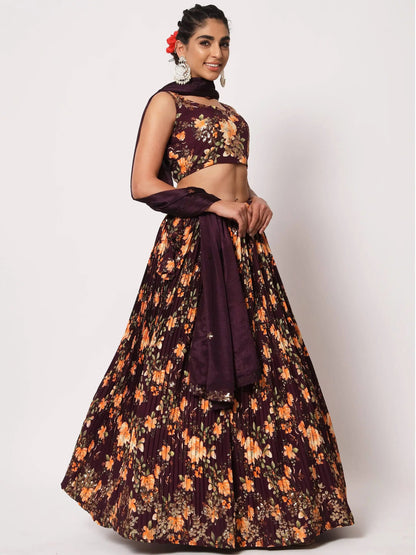 Appealing Purple Floral Printed Silk Reception Wear Lehenga Choli - Zeel Clothing