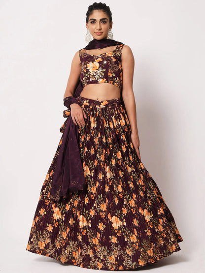 Appealing Purple Floral Printed Silk Reception Wear Lehenga Choli - Zeel Clothing