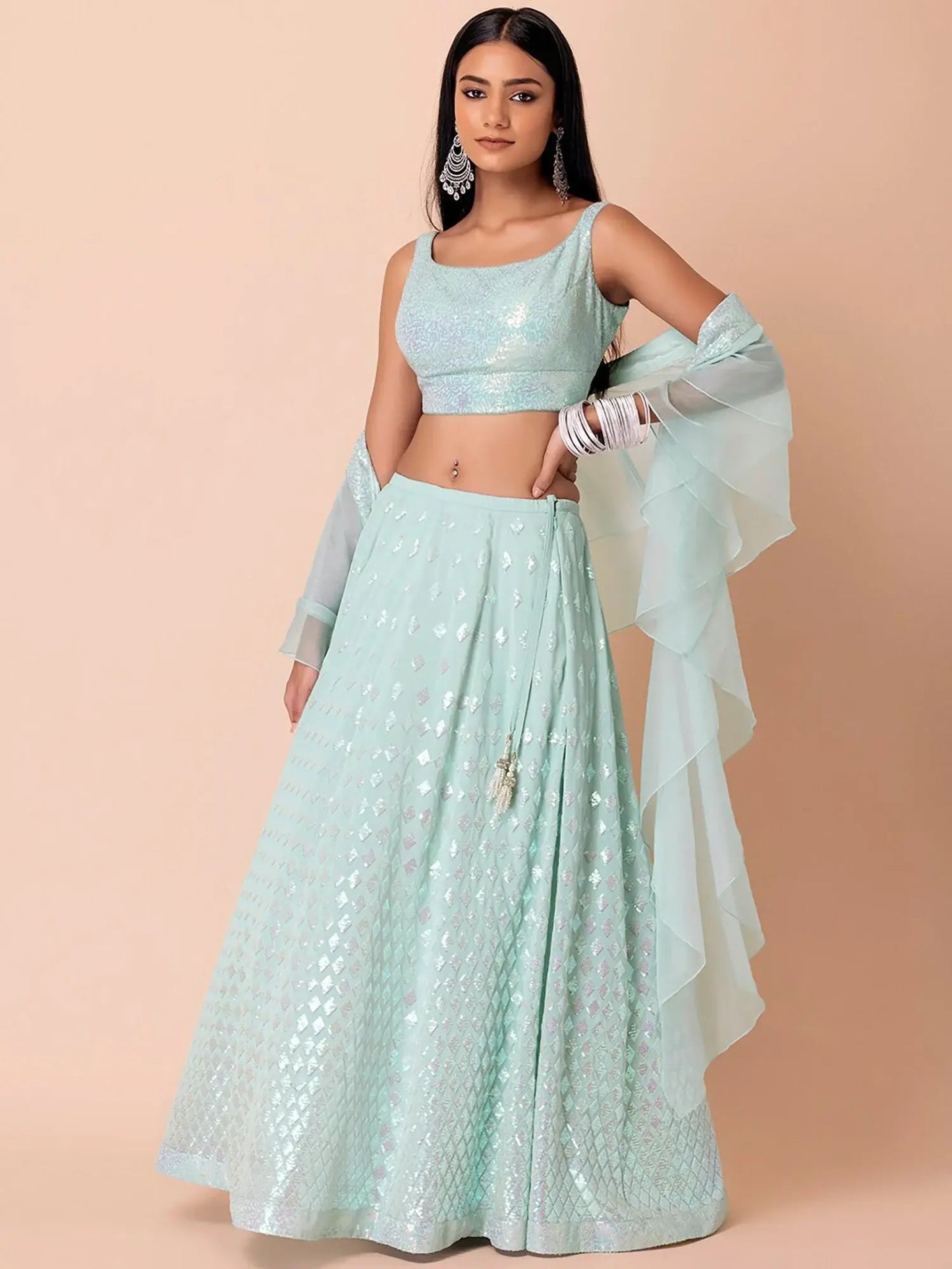 Appealing Sky-Blue Sequins Georgette Wedding Wear Lehenga Choli - Zeel Clothing