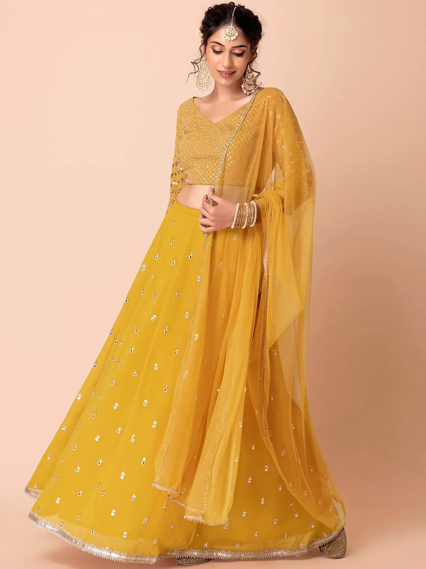 Appealing Yellow Sequins Georgette Haldi Wear Lehenga Choli - Zeel Clothing