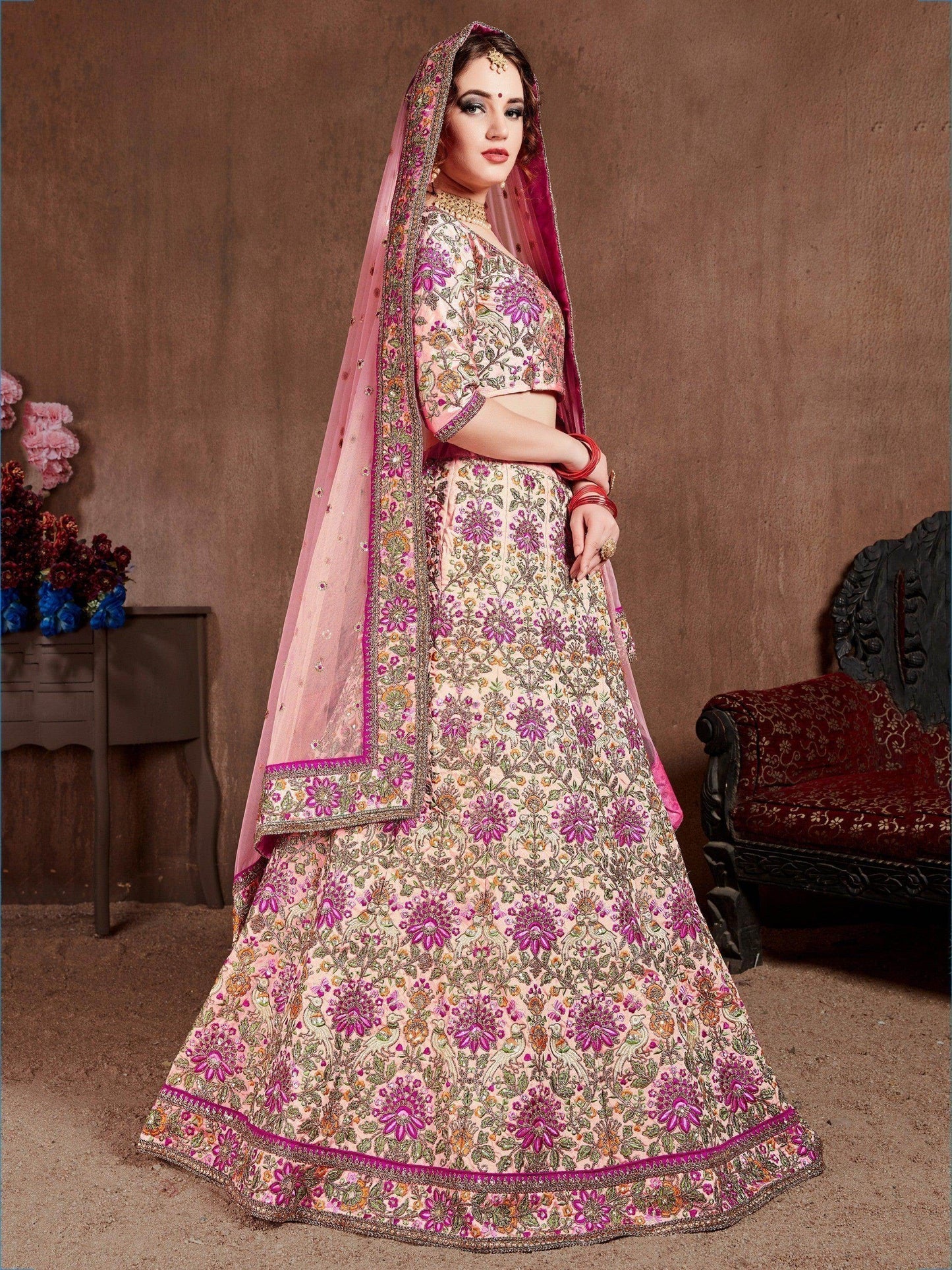 Arresting Pastel Pink Colored Bridal Wear Designer Embroidered Lehenga choli - Zeel Clothing