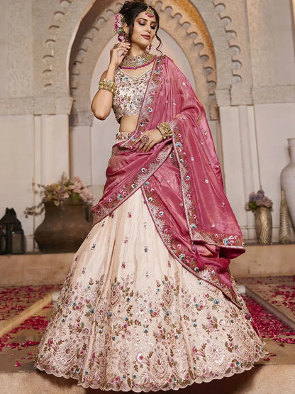 Artistic Peach Multi Thread Work Tissue Wedding Wear Lehenga Choli - Zeel Clothing