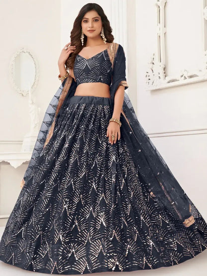 Astonishing Black Sequins Net Party Wear Lehenga Choli With Dupatta - Zeel Clothing