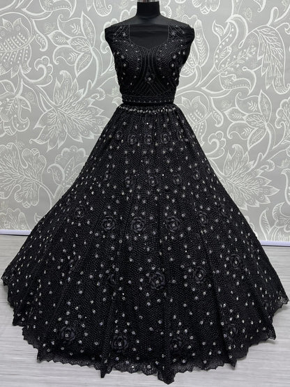 Astonishing Black Thread Work Net Reception Wear Lehenga Choli - Zeel Clothing