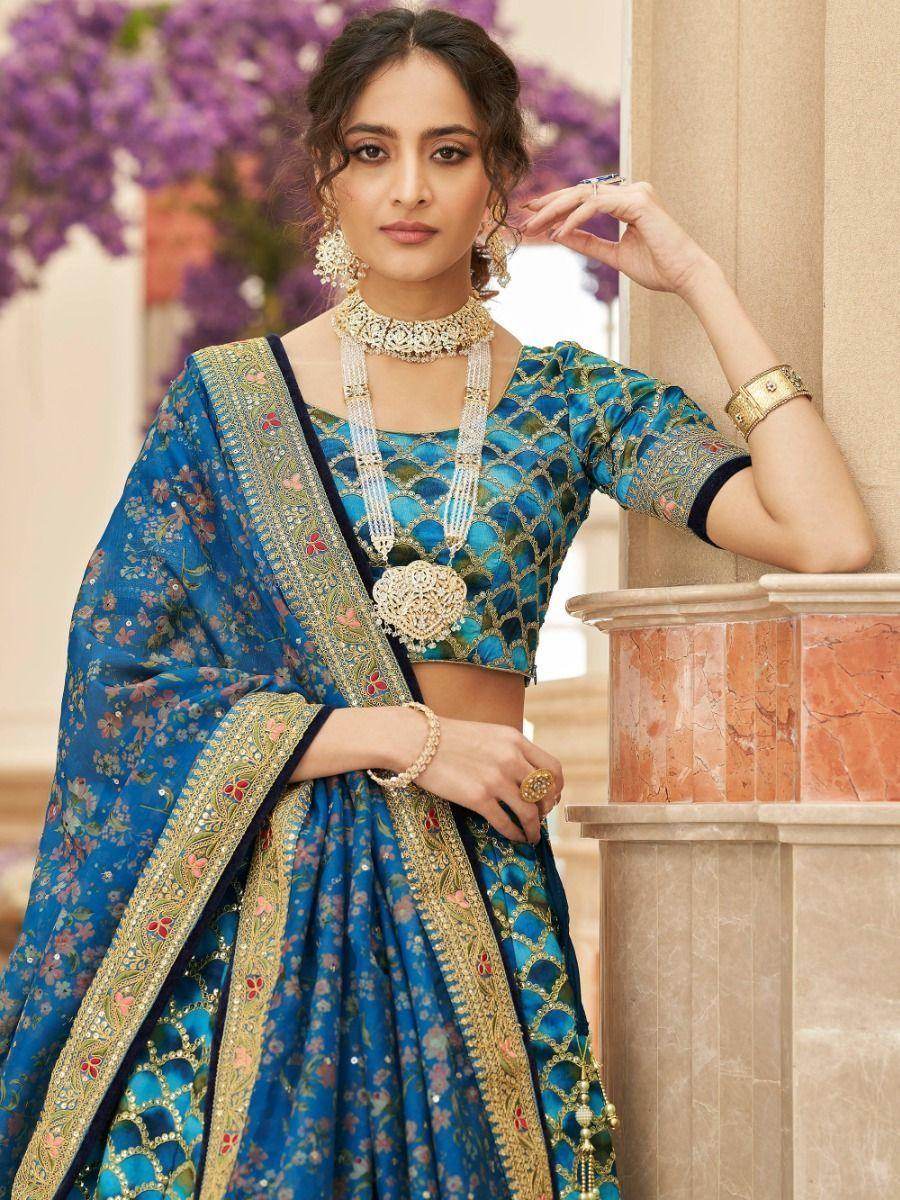 Astonishing Blue Sequins Work Art Silk Sangeet Wear Lehenga Choli - Zeel Clothing