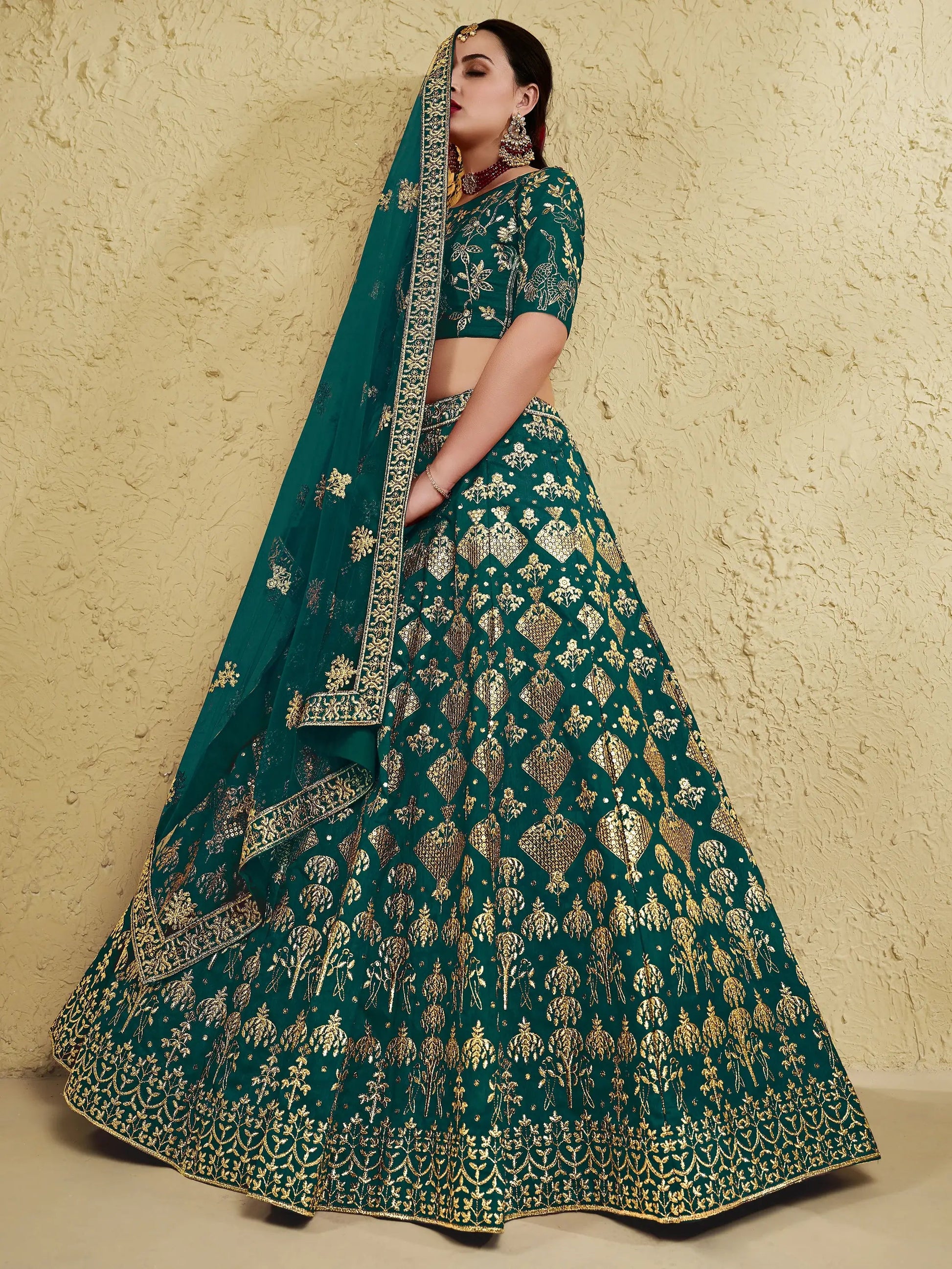Astonishing Green Sequins Work Slub Silk Party Wear Lehenga Choli With Dupatta - Zeel Clothing