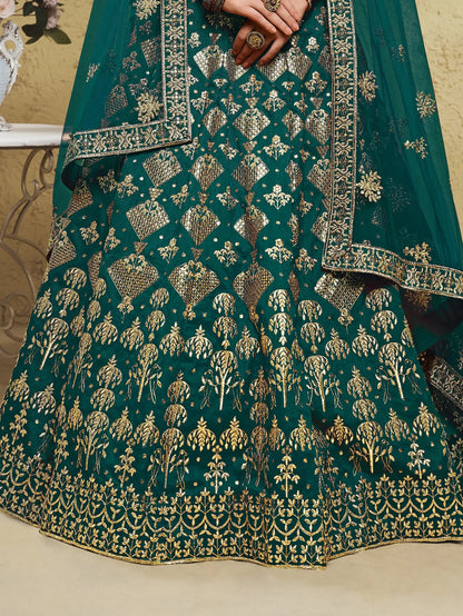 Astonishing Green Sequins Work Slub Silk Party Wear Lehenga Choli With Dupatta - Zeel Clothing