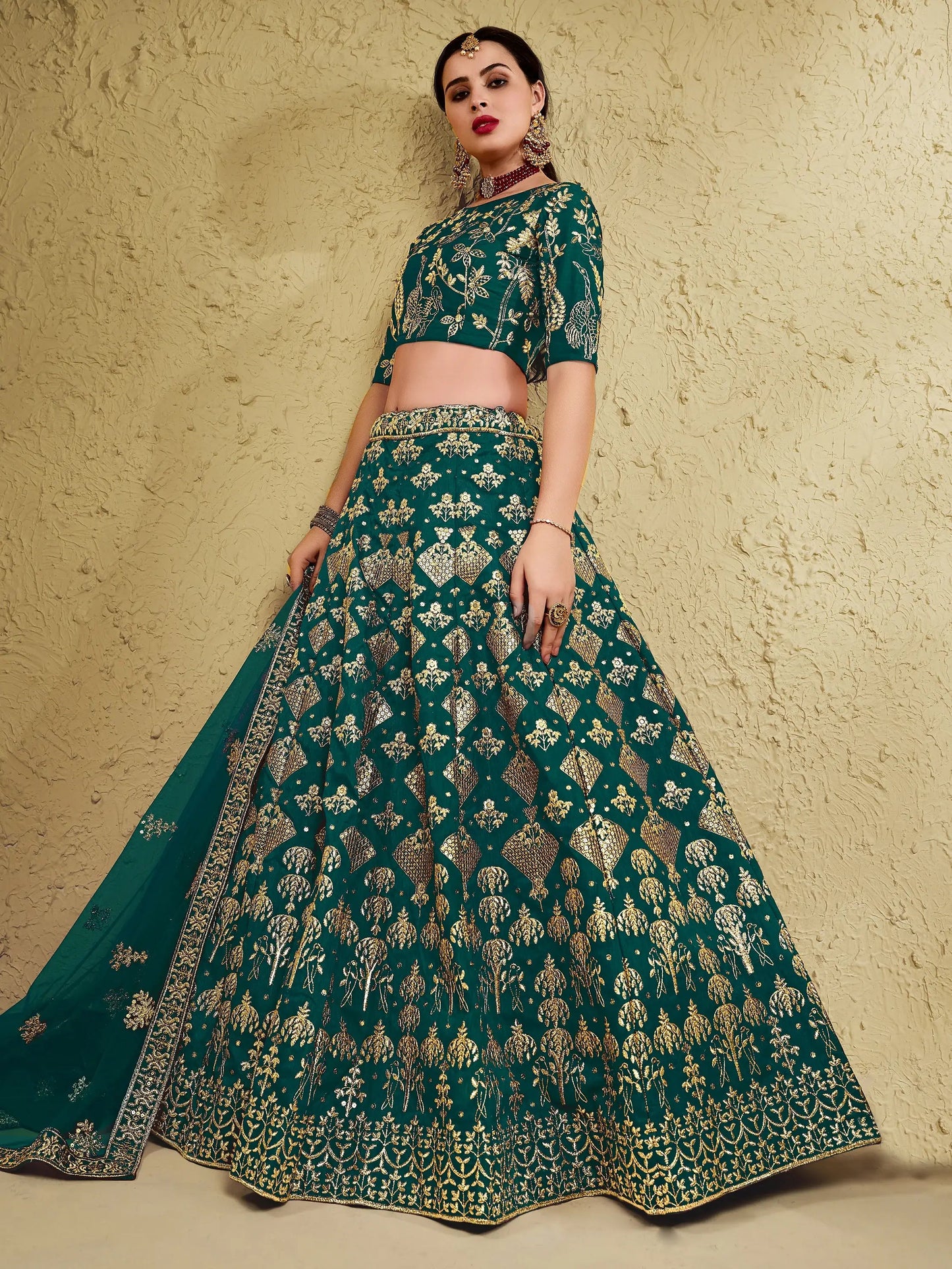 Astonishing Green Sequins Work Slub Silk Party Wear Lehenga Choli With Dupatta - Zeel Clothing