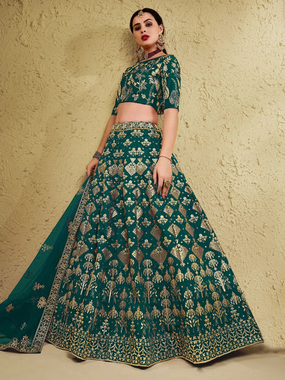 Astonishing Green Sequins Work Slub Silk Party Wear Lehenga Choli With Dupatta - Zeel Clothing