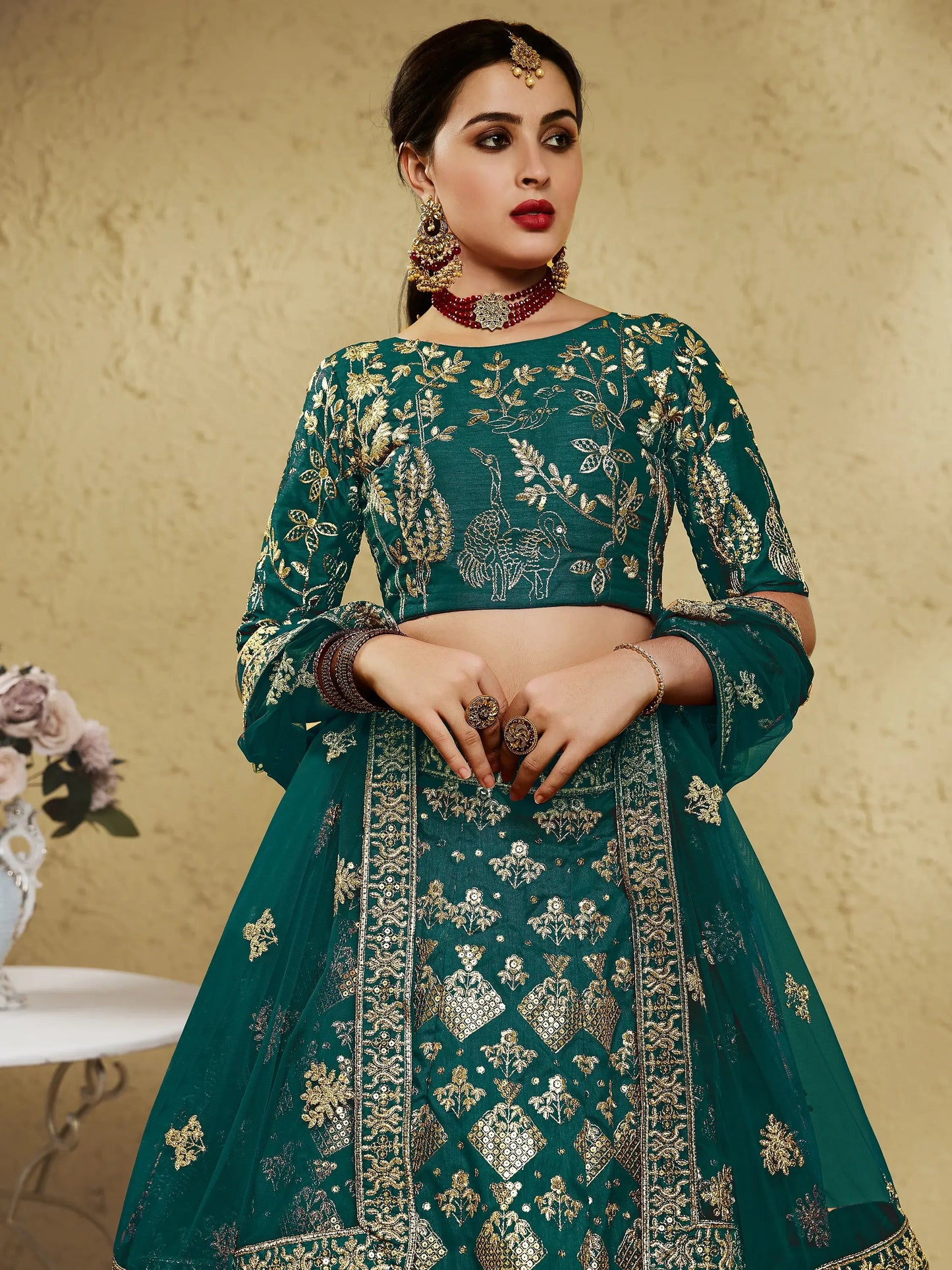 Astonishing Green Sequins Work Slub Silk Party Wear Lehenga Choli With Dupatta - Zeel Clothing