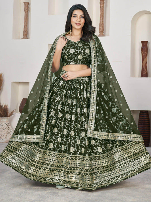 Astonishing Olive Green Zari Embroidered Jacquard Lehenga Choli - Zeel Clothing