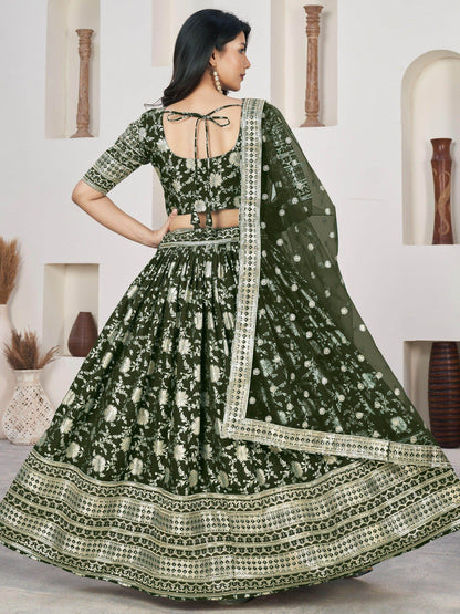 Astonishing Olive Green Zari Embroidered Jacquard Lehenga Choli - Zeel Clothing