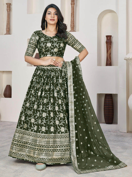 Astonishing Olive Green Zari Embroidered Jacquard Lehenga Choli - Zeel Clothing