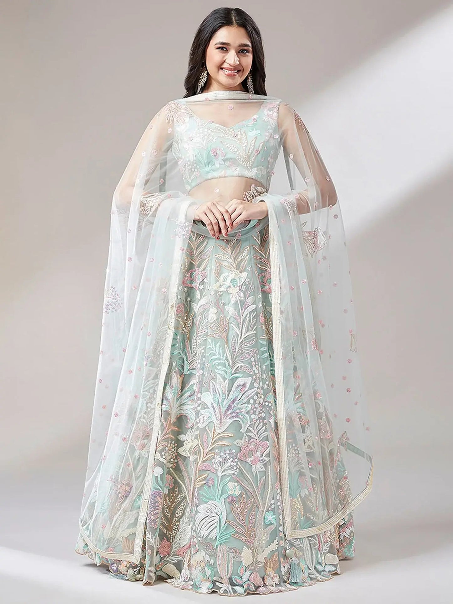Astonishing Pista Green Sequins Net Wedding Wear Lehenga Choli - Zeel Clothing