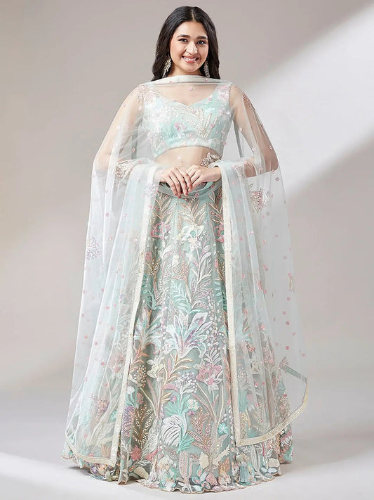 Astonishing Pista Green Sequins Net Wedding Wear Lehenga Choli - Zeel Clothing