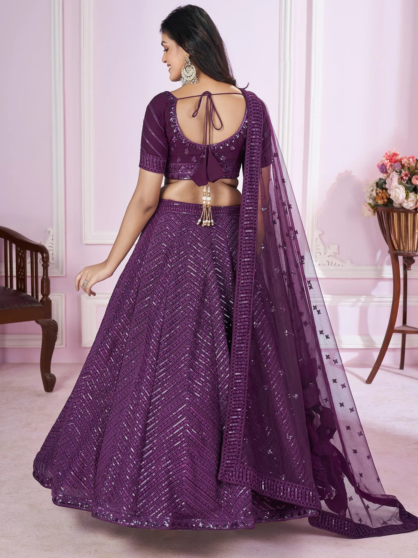 Astonishing Purple Sequins Georgette Reception Wear Lehenga Choli - Zeel Clothing