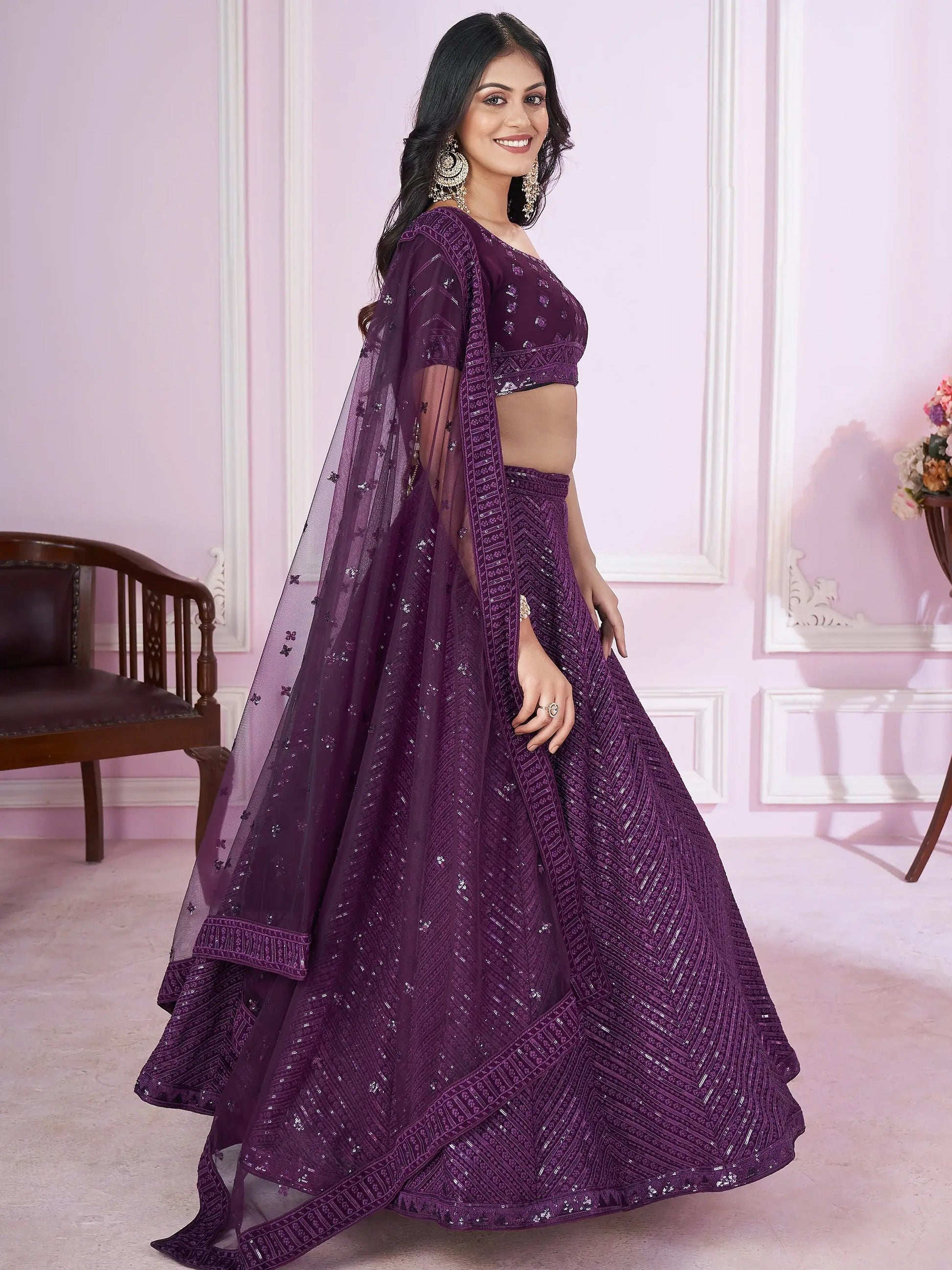 Astonishing Purple Sequins Georgette Reception Wear Lehenga Choli - Zeel Clothing