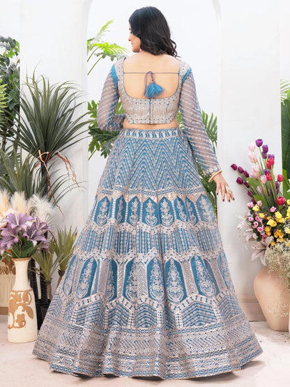 Astonishing Sky-Blue Sequins Net Bridesmaid Lehenga Choli - Zeel Clothing