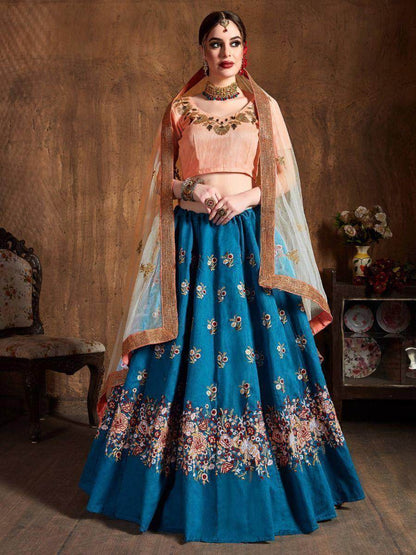 Astonishing Teal Blue Thread Work Raw Silk Wedding Lehenga Choli - Zeel Clothing