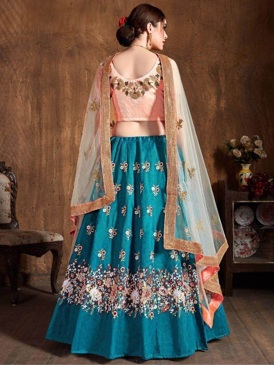 Astonishing Teal Blue Thread Work Raw Silk Wedding Lehenga Choli - Zeel Clothing