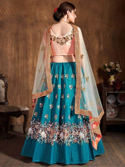 Astonishing Teal Blue Thread Work Raw Silk Wedding Lehenga Choli - Zeel Clothing