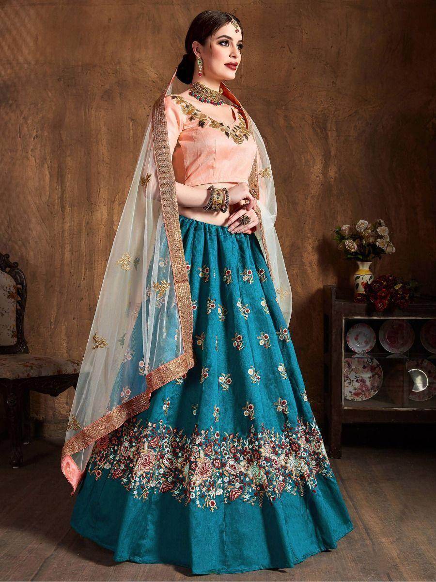 Astonishing Teal Blue Thread Work Raw Silk Wedding Lehenga Choli - Zeel Clothing