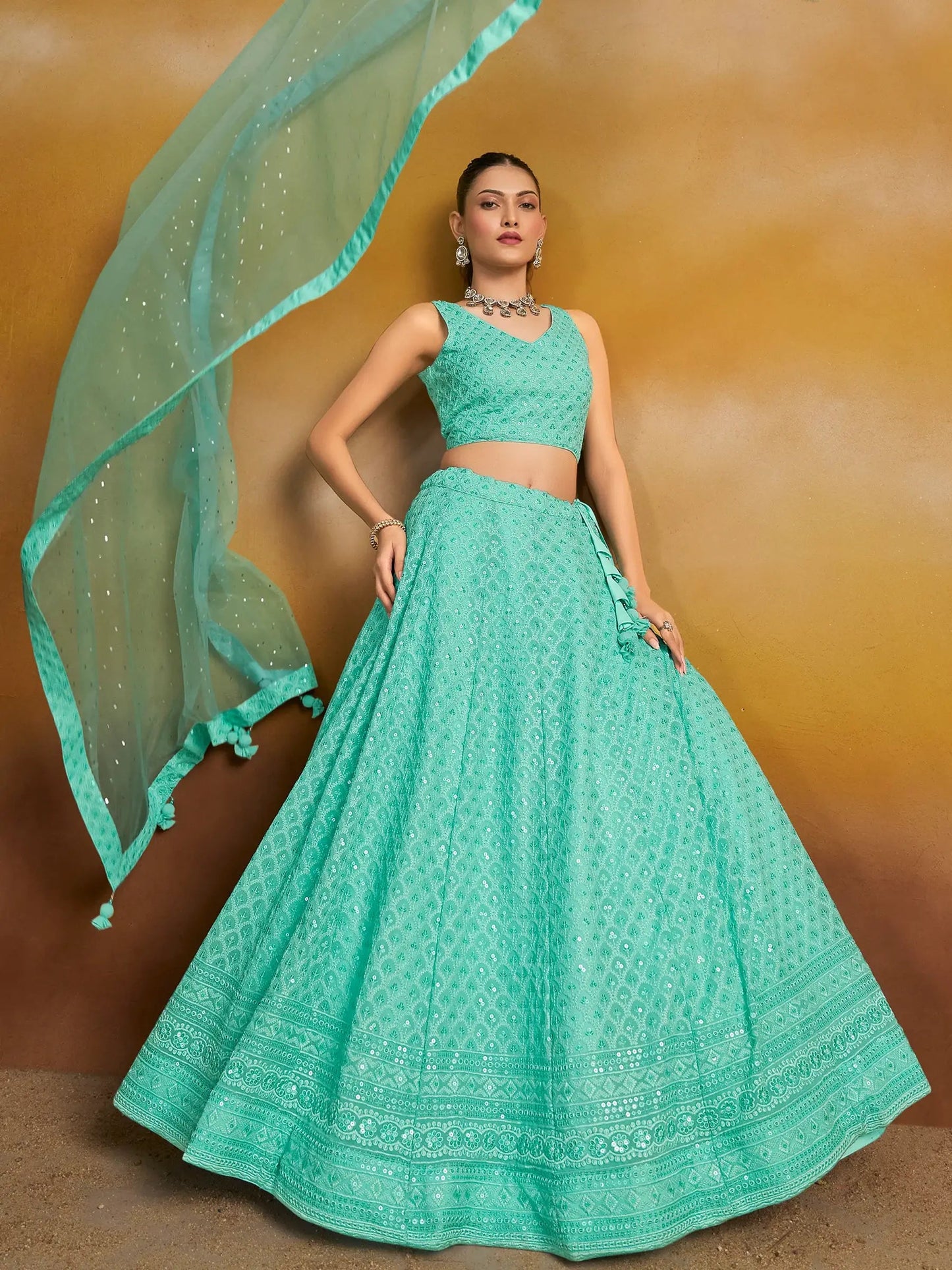 Astounding Sky-Blue Sequins Georgette Engagement Wear Lehenga Choli - Zeel Clothing