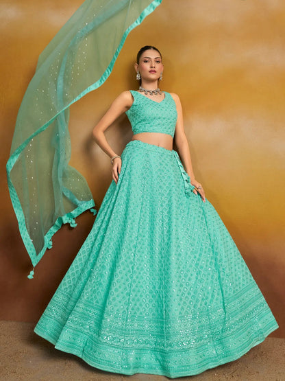 Astounding Sky-Blue Sequins Georgette Engagement Wear Lehenga Choli - Zeel Clothing