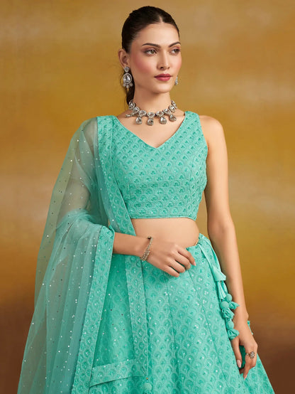 Astounding Sky-Blue Sequins Georgette Engagement Wear Lehenga Choli - Zeel Clothing