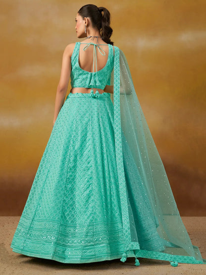 Astounding Sky-Blue Sequins Georgette Engagement Wear Lehenga Choli - Zeel Clothing