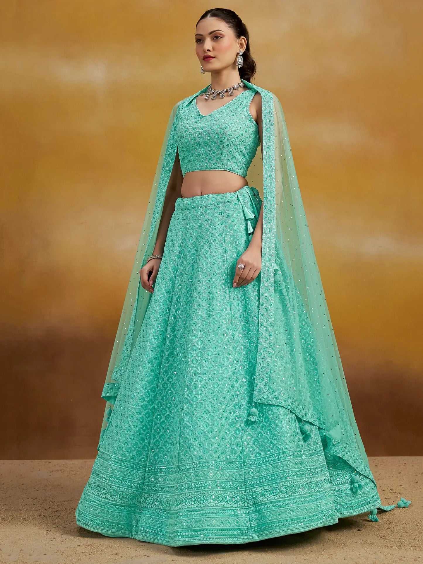 Astounding Sky-Blue Sequins Georgette Engagement Wear Lehenga Choli - Zeel Clothing