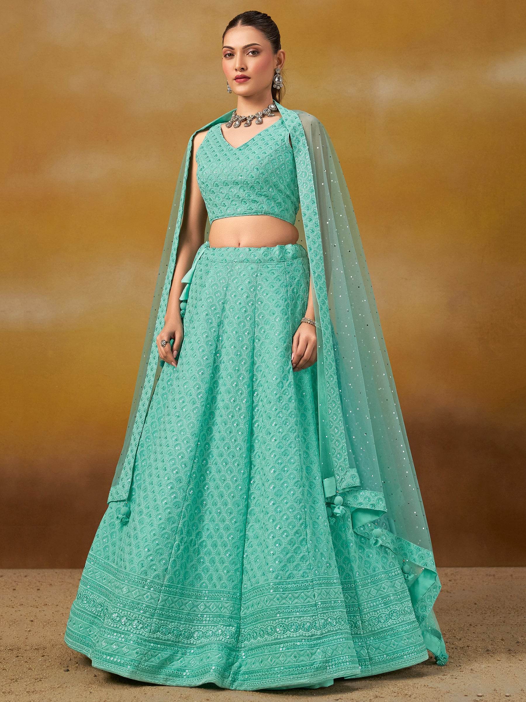 Astounding Sky-Blue Sequins Georgette Engagement Wear Lehenga Choli - Zeel Clothing