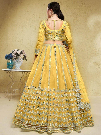Astounding Yellow Foil Work Net Function Wear Lehenga Choli - Zeel Clothing