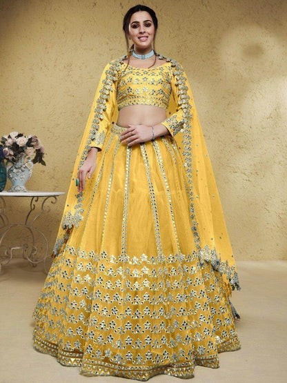 Astounding Yellow Foil Work Net Function Wear Lehenga Choli - Zeel Clothing