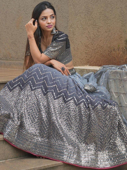 Attractive Black Sequins Silk Designer Lehenga Choli With Dupatta - Zeel Clothing