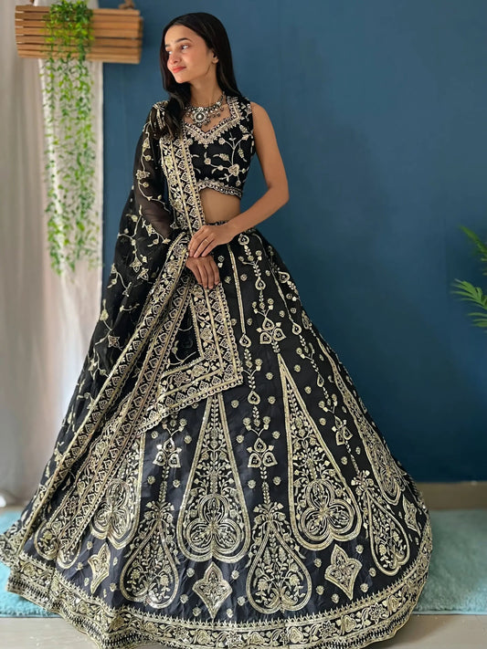 Attractive Black Zari Embroidery Silk Reception Wear Lehenga Choli - Zeel Clothing