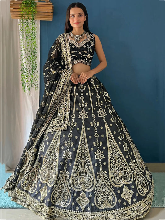 Attractive Black Zari Embroidery Silk Reception Wear Lehenga Choli - Zeel Clothing